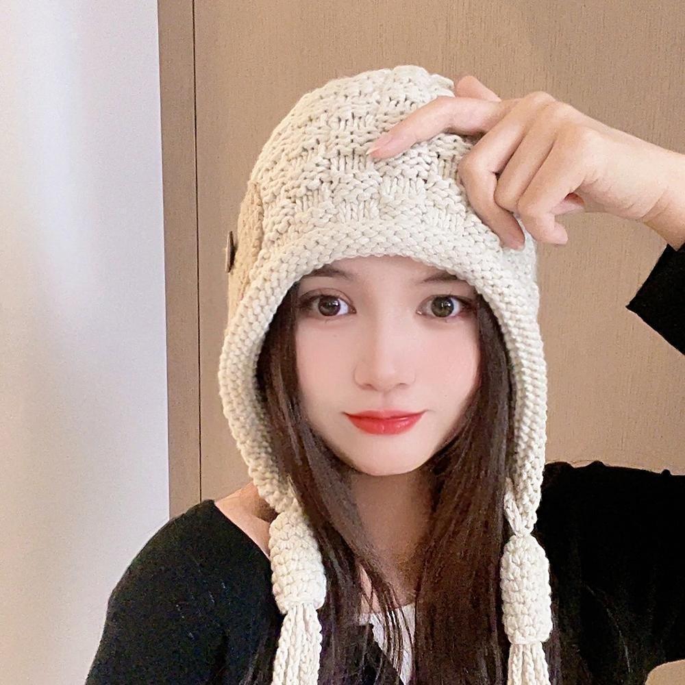 Keep Warm Knitted Hat with Long Tassels Harajuku Designed Ear Protection Hat  Daily