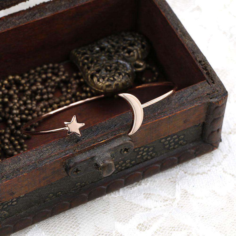 Female Open Bracelet Copper Plating Wristband Bangle with Moon Star Decoration (Gold)