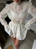 EU Size Lace High Neck Lantern Sleeve Two-Piece Skirt and Pants Set for Women