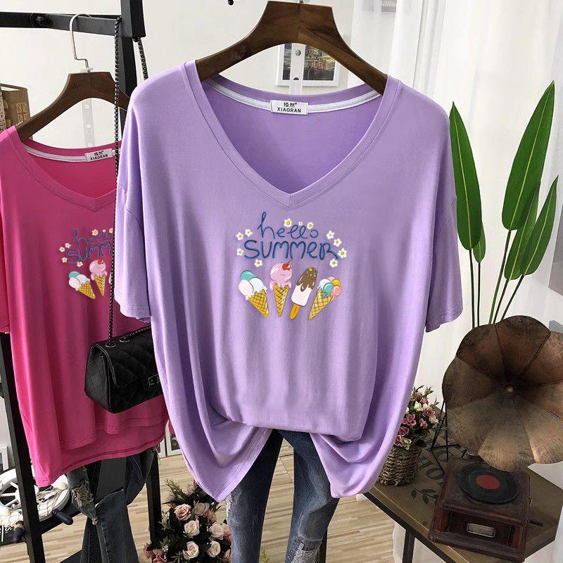 

Модная футболка с принтом букв, средней длины, длинная, с V-образным вырезом, с короткими рукавами, женская, летняя, свободного кроя, большого размера, скрывающая живот, в повседневном стиле, модные топы Violet(Thin cool fabric) XL(75.00 kg-85.00 kg)