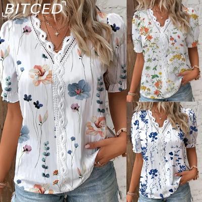Women's Fashion Casual Summer Solid Color Print Short Sleeve V-Neck Blouses & Shirts