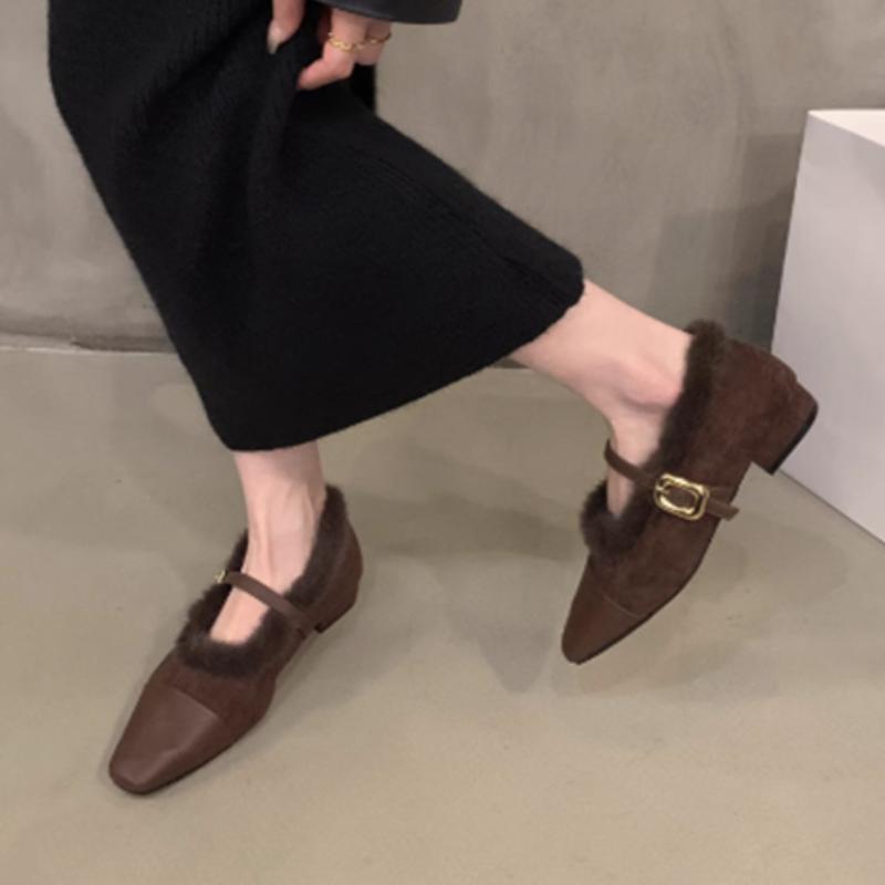 Fur Women Heeled Shoes Square Toe Loafers Shoes Elegant 2025 New Winter Chunky Party Woman Pumps Dress Brand Zapatillas De Mujer