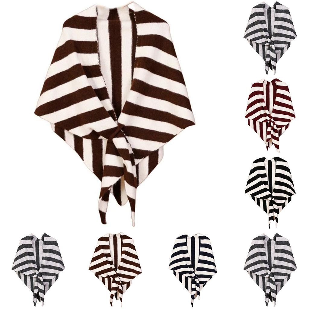 Women's Fashionable Striped Print Knitted Shawl Wool Open Collar Shoulder Top Shawl Scarf