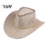 Outdoor UV Protection Hat Western Cowboy with Windbreak Rope for Men, Wide Brim Linen Sun Foldable Travel Travel, Halloween Cosplay Costume,