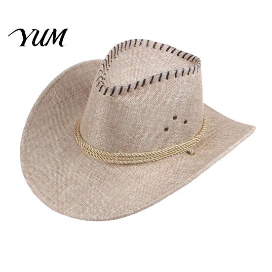 Outdoor UV Protection Hat Western Cowboy with Windbreak Rope for Men, Wide Brim Linen Sun Foldable Travel Travel, Halloween Cosplay Costume,