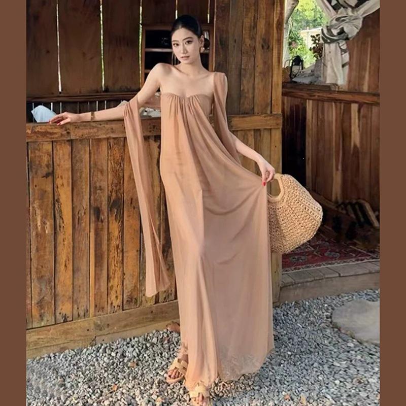 2026 European and American style summer new women's clothing solid color loose street fashion one-word collar tube top dress women