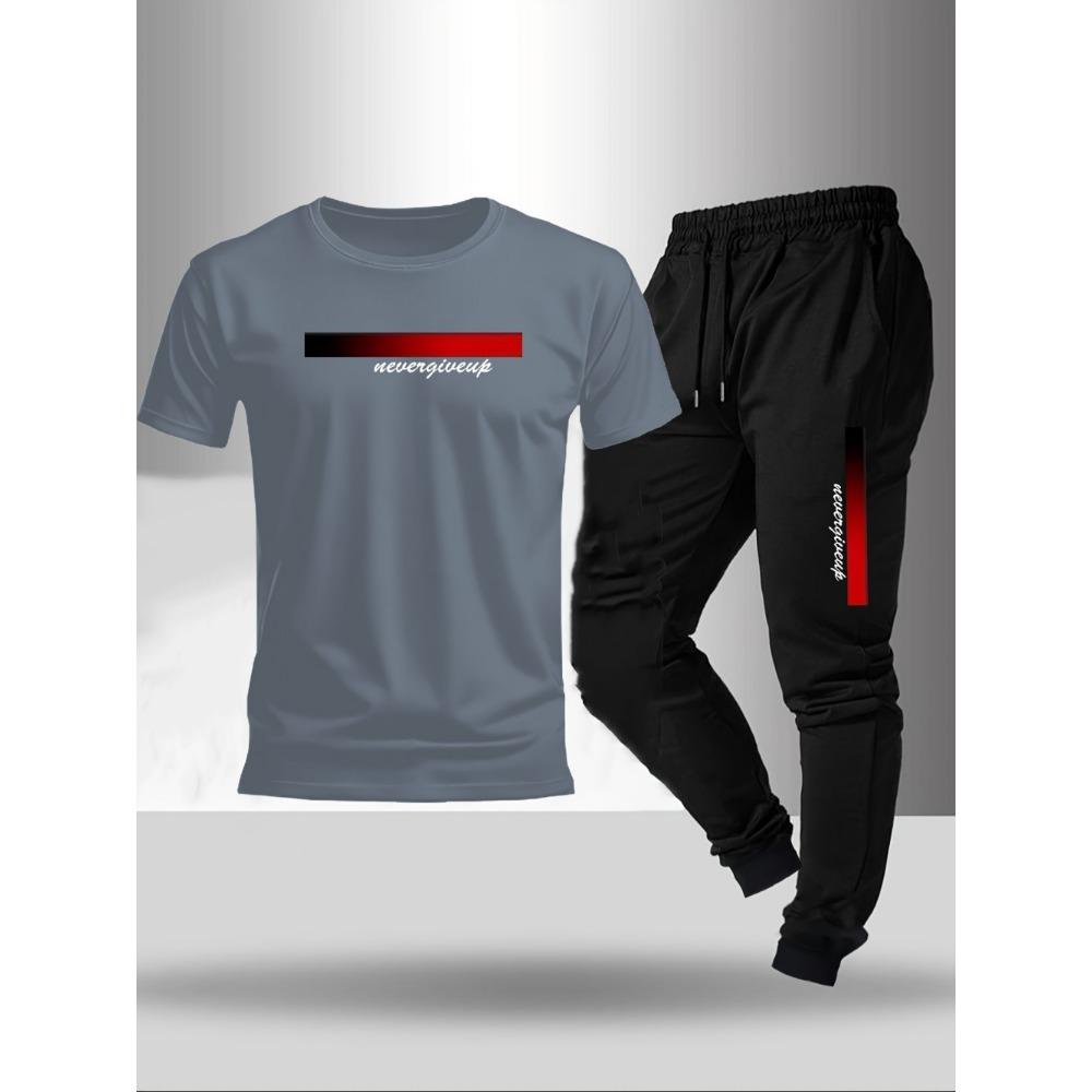 Men's Fashionable Letter Gradient Printed Breathable T-shirt and Drawstring Pants Set Suitable for Outdoor Casual Wear