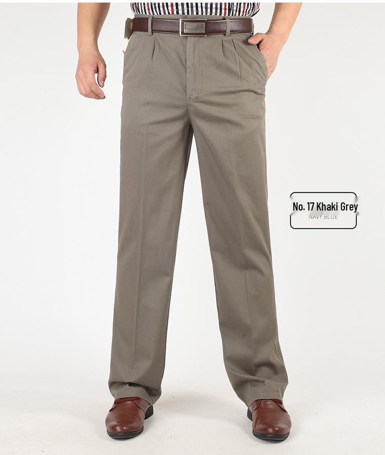 Pantaloni Casual de Vară din Bumbac cu Croială Largă pentru Bărbați - Talie Înaltă, Picior Drept, Cu Pliuri Duble pentru Bărbați de Vârstă Mijlocie și Vârstnici