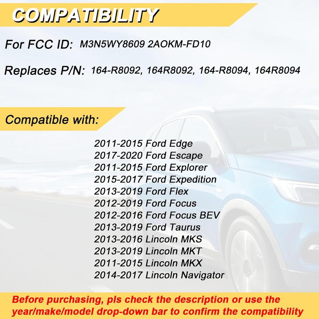 Key Fob Replacement for 2012- Ford Focus/ 11-15 Edge Explorer/ 17-20 Escape/ 15-17 Expedition/ 13-19 Flex Taurus/Lincoln MKS MKT MKX Navigator Car