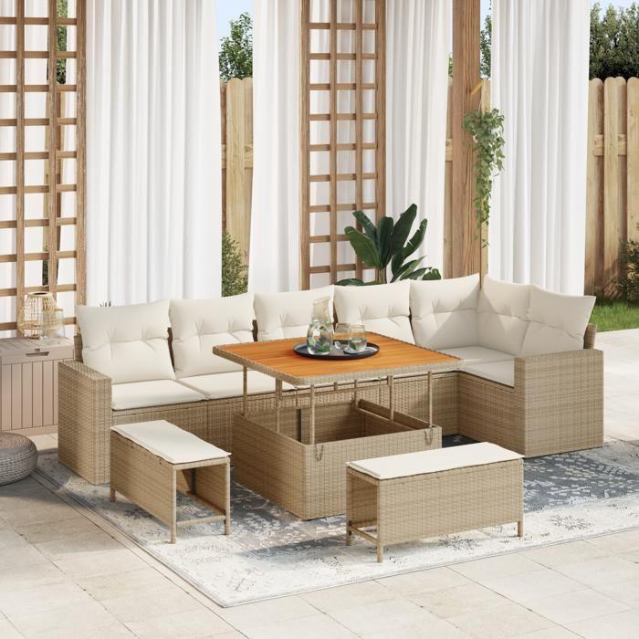 Ensemble de canapé de jardin 9 pièces avec coussins Beige Poly Rattan Acacia, Ensemble de salle à manger de jardin 3 pièces 3363576