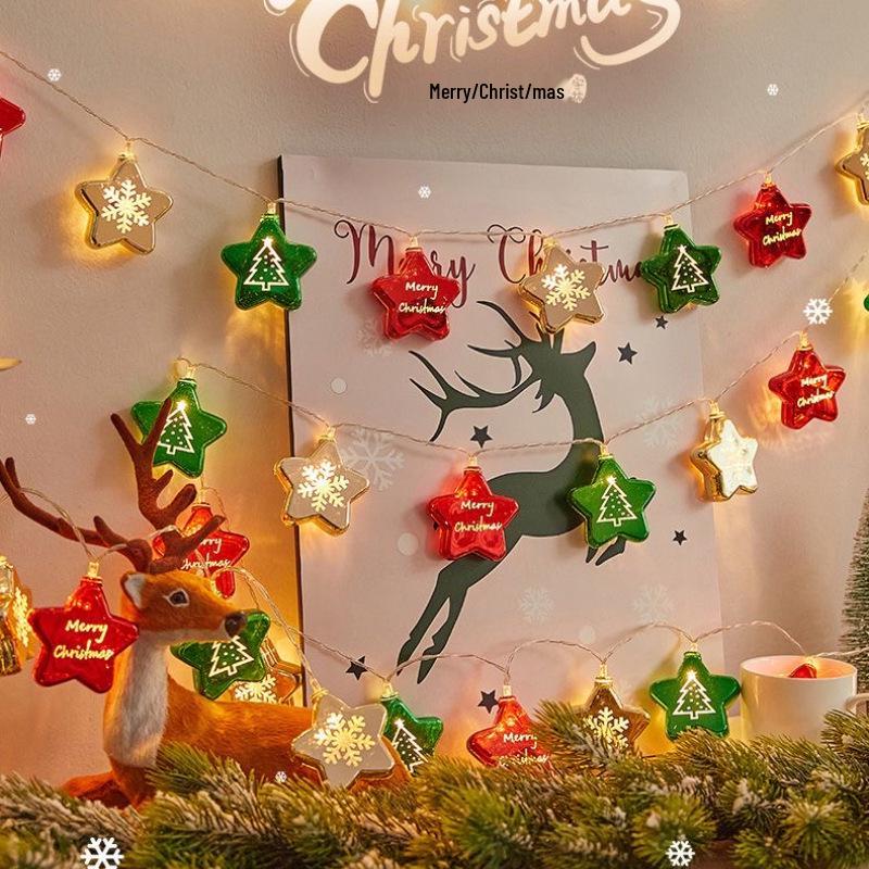 LED Electroplated Snowflake & Star String Lights - Christmas Atmosphere Flashing Fairy Tinsel Ball Decor
