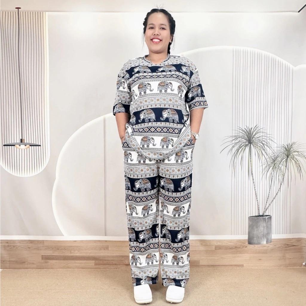 Słoniowe Spodnie Koszula Zestaw Okrągły Dekolt Krótki Top Krótki Rękaw Regulowany Elastyczny Pas Pasek Kobiety Nadruk Tajlandia Casualowy Bohemski Retro Vintage