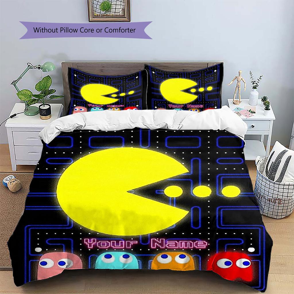 Pac-Man Individuelles Namensmuster Bettwäsche, Steppbett Set Bettbezug Kissenbezug Zuhause Geburtstagsgeschenk(1 Bettbezug + 2 Kissenbezüge, ohne Füllung)