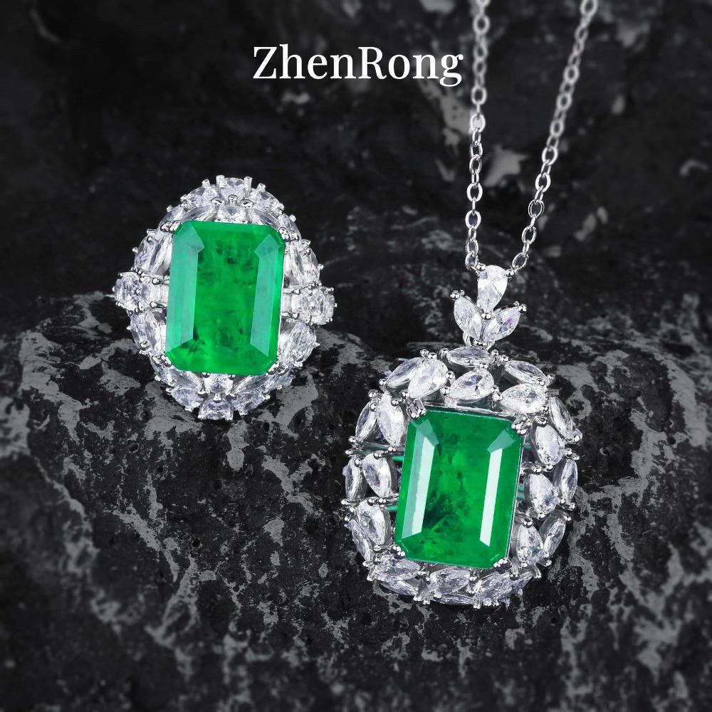 Women Jewelry Set Crystal Emerald Necklace Simulated Royal Blue Sapphire Open Ring Gemstone Suite