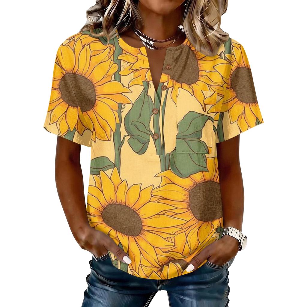 Women’s Short Sleeve Cotton Linen Henley Shirt with Sunflower Print and Button Front Casual Loose Fit Top for Summer Spring