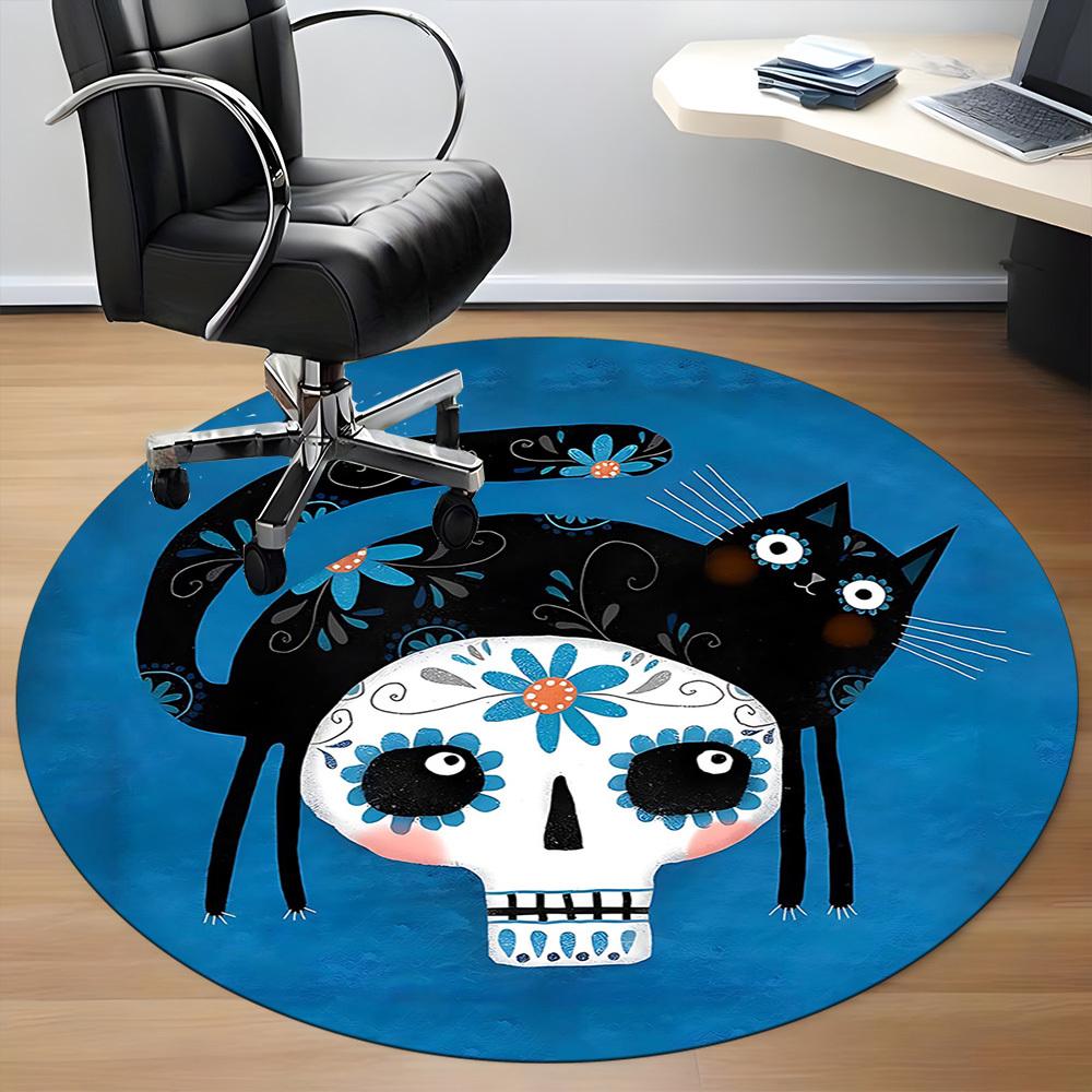 1PCSugar Skull Cat Office Round Area Rug,  Mat Suitable For Office, Under Office Chairs Bedroom Living Room Home Decor, Room Deco