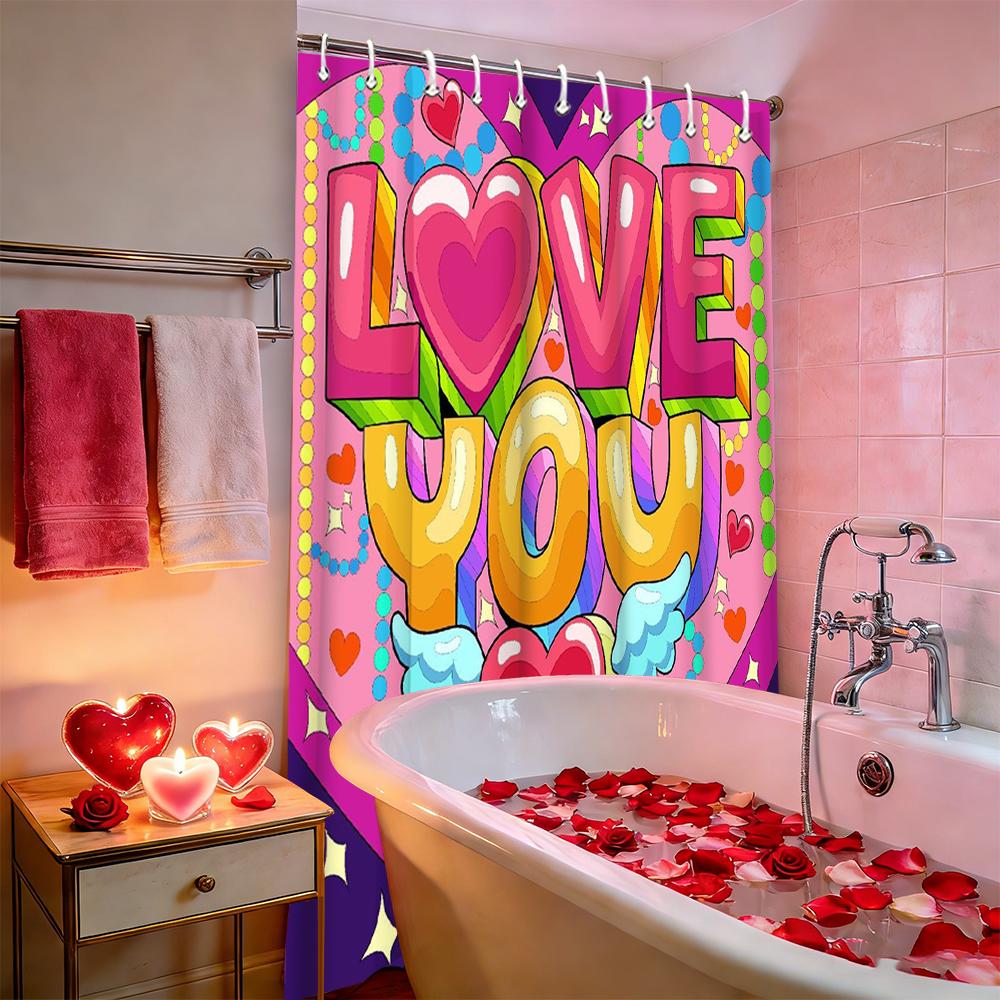Tenda da doccia a forma di cuore d'amore e rosa per San Valentino, tenda da bagno impermeabile con 12 ganci, decorazione per la casa a forma di pesce