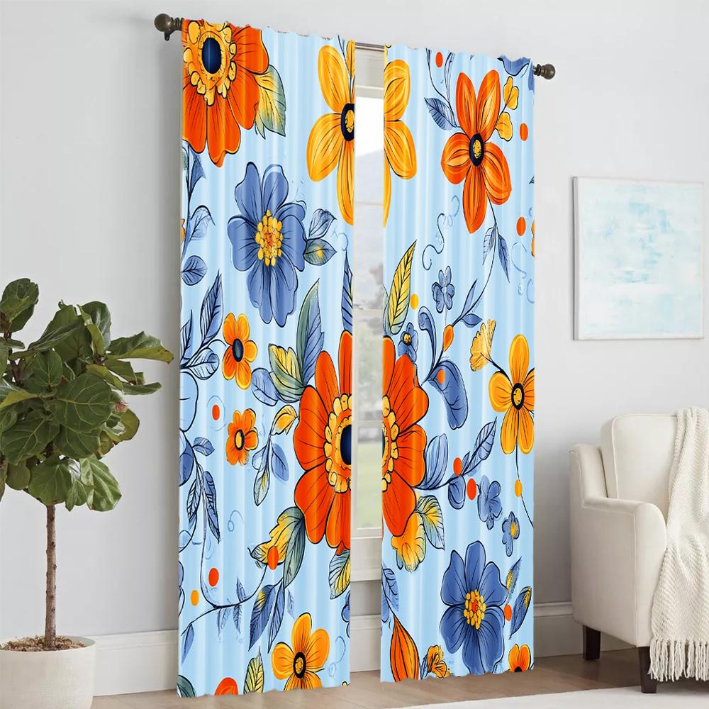 2 pcs   versatile polyester transparent curtains for home decoration Sunflower Orange Floral Peel & Stick for use in bedrooms and