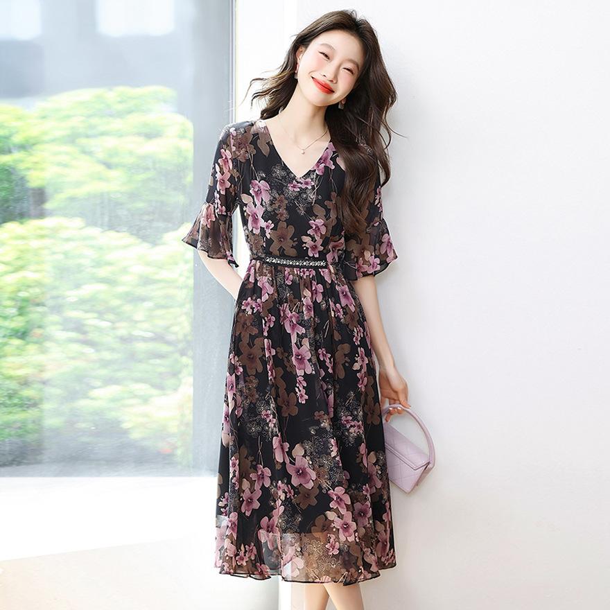 

Элегантное цветочное оформление талии и тонкое платье для женской летней новой модной коллекции, рукав-клеш, миди и длинная юбка XXXL