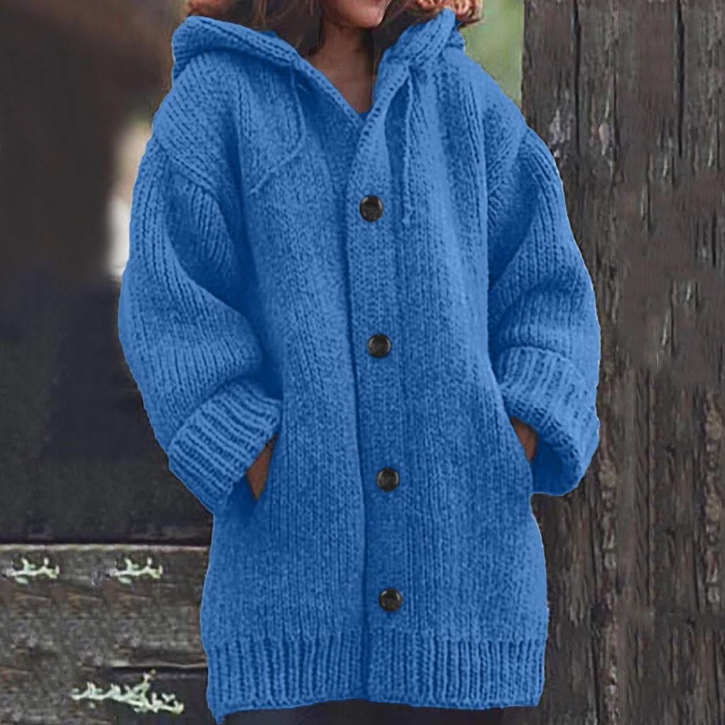 Frauen Casual Warm Lose Knopf Hoodie Stricken Pullover Lange Tops Bluse Pullover