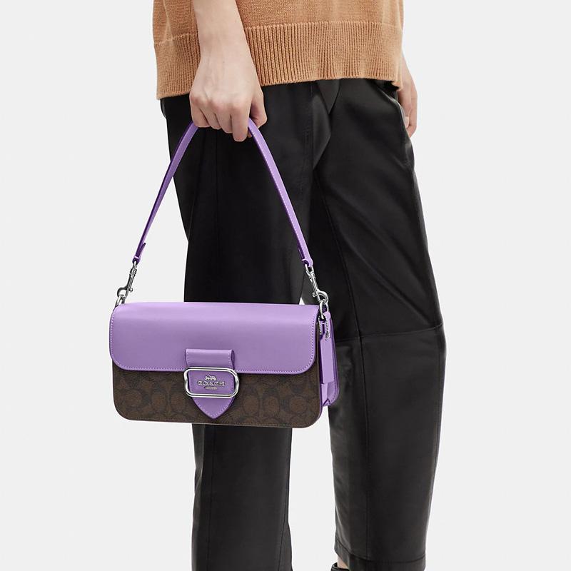 Coach Morgan 27 Logo Classic Print Multi-Functional Pocket Snap Canvas With Leather Baguette Handheld Shoulder Bag Large Women bags CJ617-SVW1P