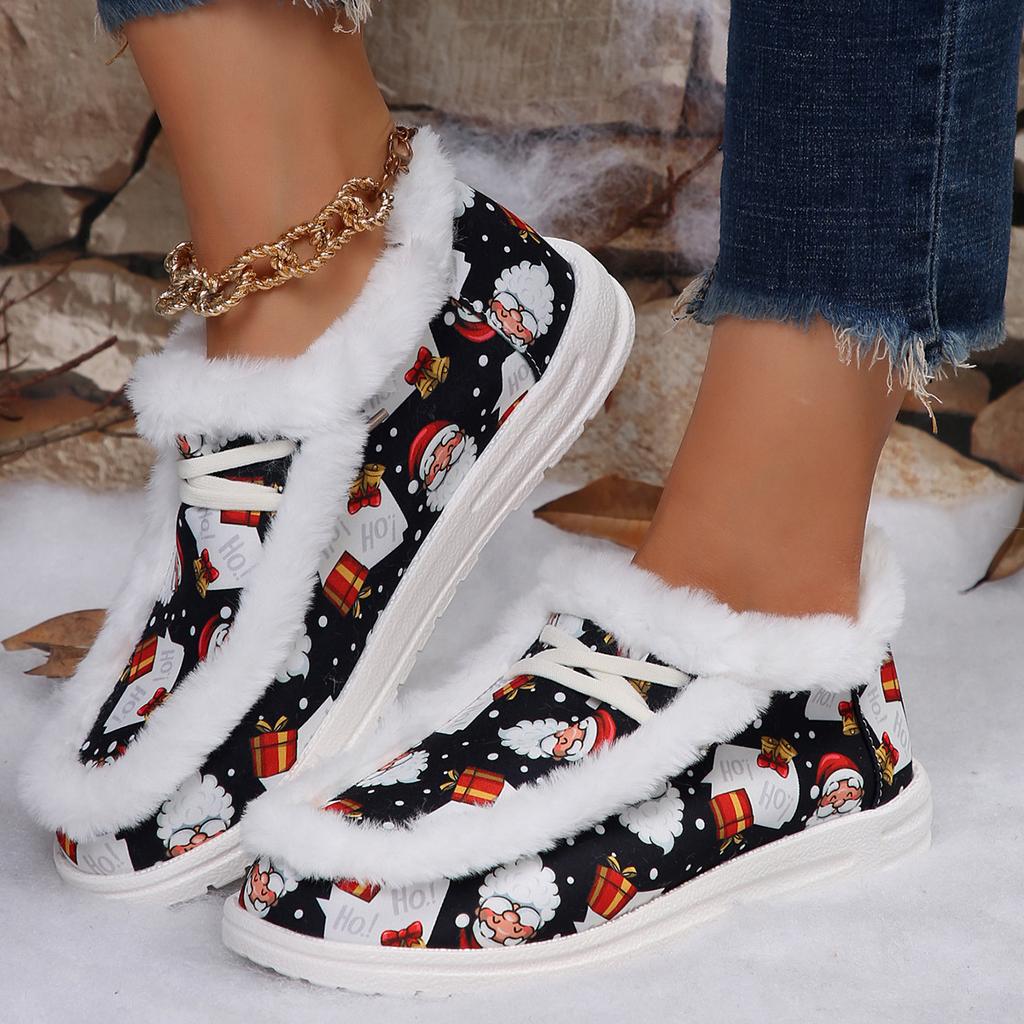 Plus Size Women's Shoes 2025 Autumn/winter New Casual Shoes Women's Christmas Print Fleece Warm Cotton Shoes