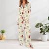 Yousheng 2 Pcs/Set Christmas Women Pajamas Suit Satin Santa Printing Lapel Long Sleeve Top Wide Leg Pants Sleepwear Casual Home Wear Clothes