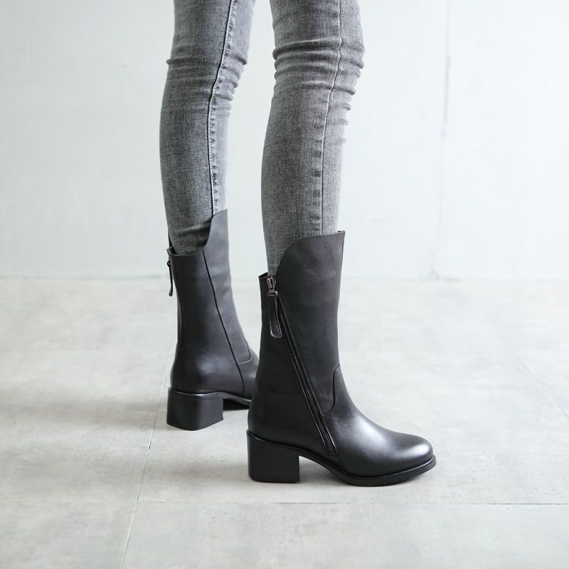 Footwear Black Shoes For Women Half High Ladies Boots Round Toe Work Mid Calf Waterproof Korean Style And Low Price Offer Goth