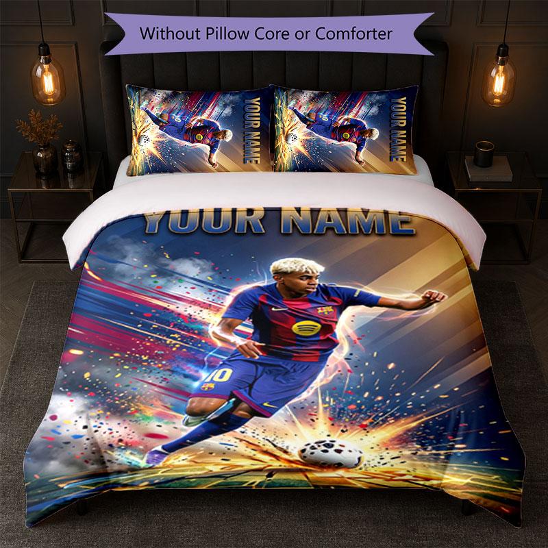 Lamine Yamal Custom Name Text Bedding Set 1 Duvet Cover+2 Pillowcases Soccer Logo Personalized Gift For Special Occasion Bedroom Decor