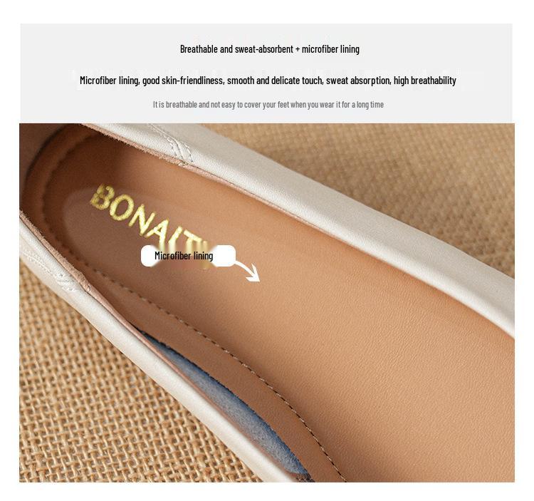 Spring 2025 Women's Genuine Leather Flats: Low-Cut, Versatile Chunky Heel, Plus Size 41-43, Ideal for Summer Work.