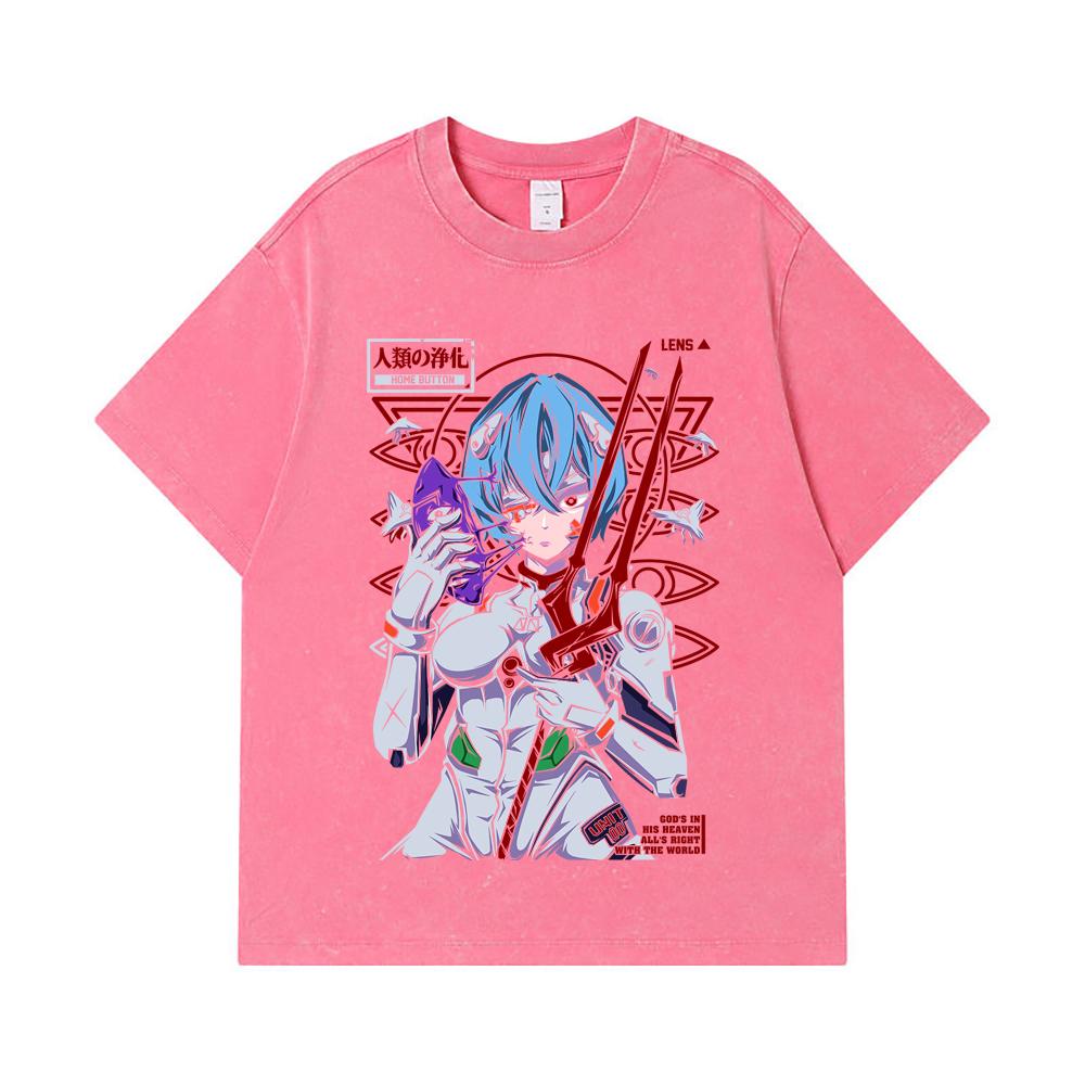 275 GSM Washed T-shirts 100% Cotton Evangelion V7 Rei Print Unisex Heavy Cotton T Shirt