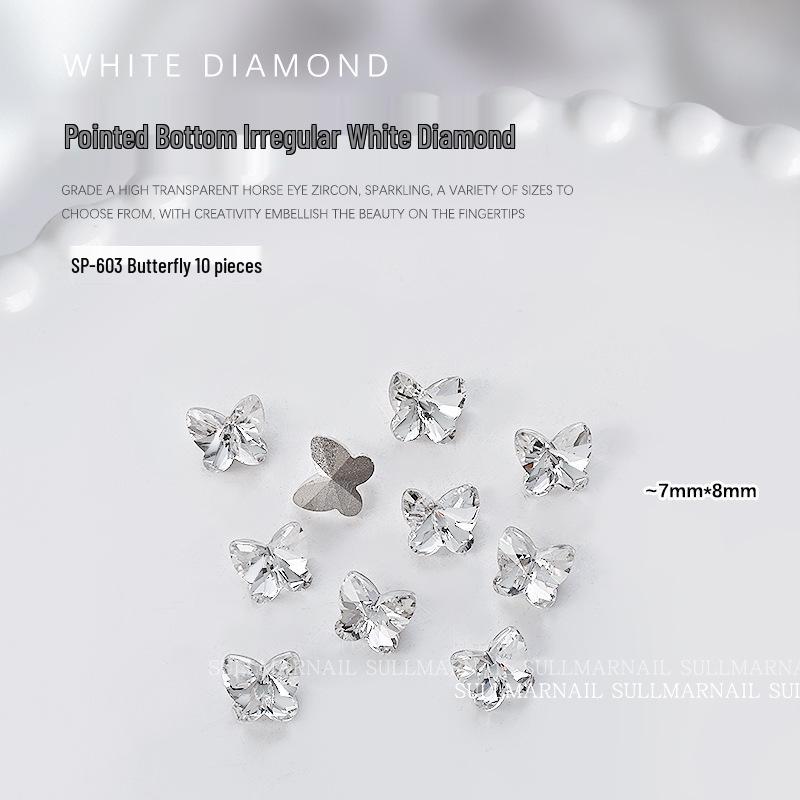 Nail Art Rhinestones Set: Heart, Crooked Heart, White Diamond, Peach Heart, Square, and Transparent Shapes (10 Pieces)