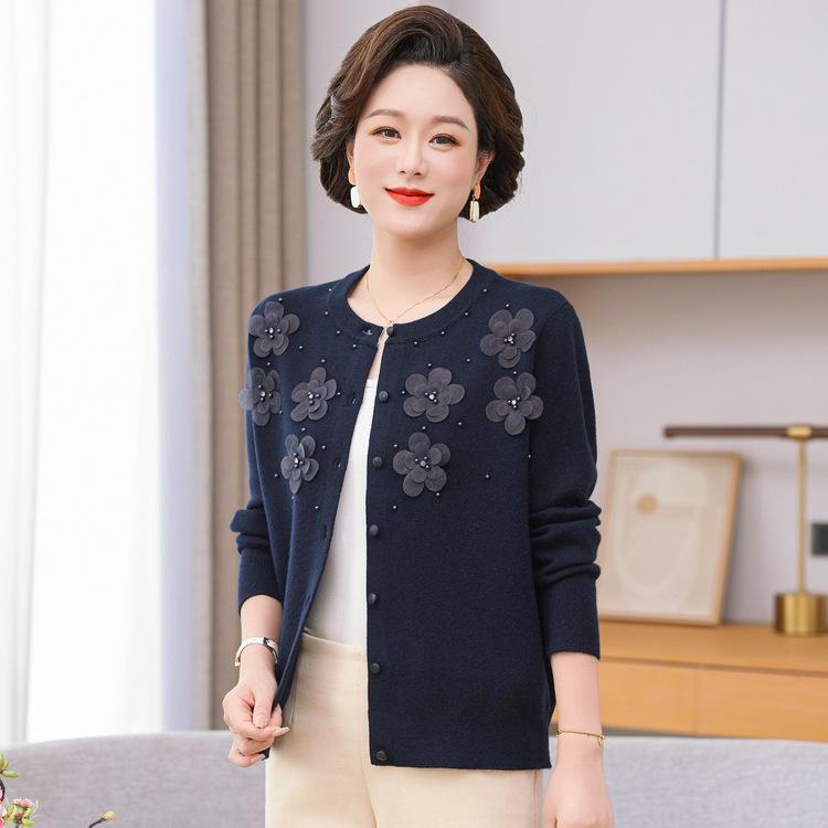 Middle-aged and Elderly Women's Spring and Autumn Knitted Sweaters, Cardigans, Mother's Coats, Long-sleeved Tops