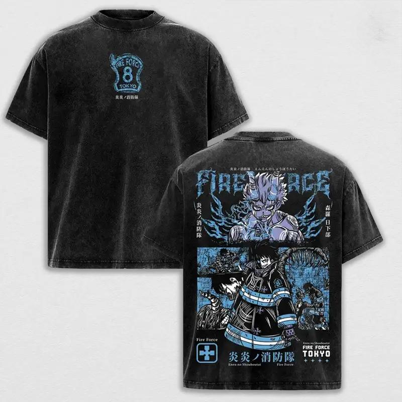 Hot Anime Fire Force Shinra Kusakabe Graphic Tee Men Short Sleeve Clothing Washed Cotton Tshirt Casual T-shirt Harajuku T Shirt