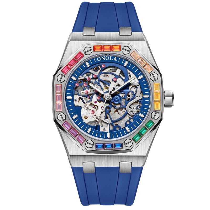 ONOLA Montre Homme Automatique Mécanique Fashion Diamants Arc-en-ciel Bracelet Silicone Étanche
