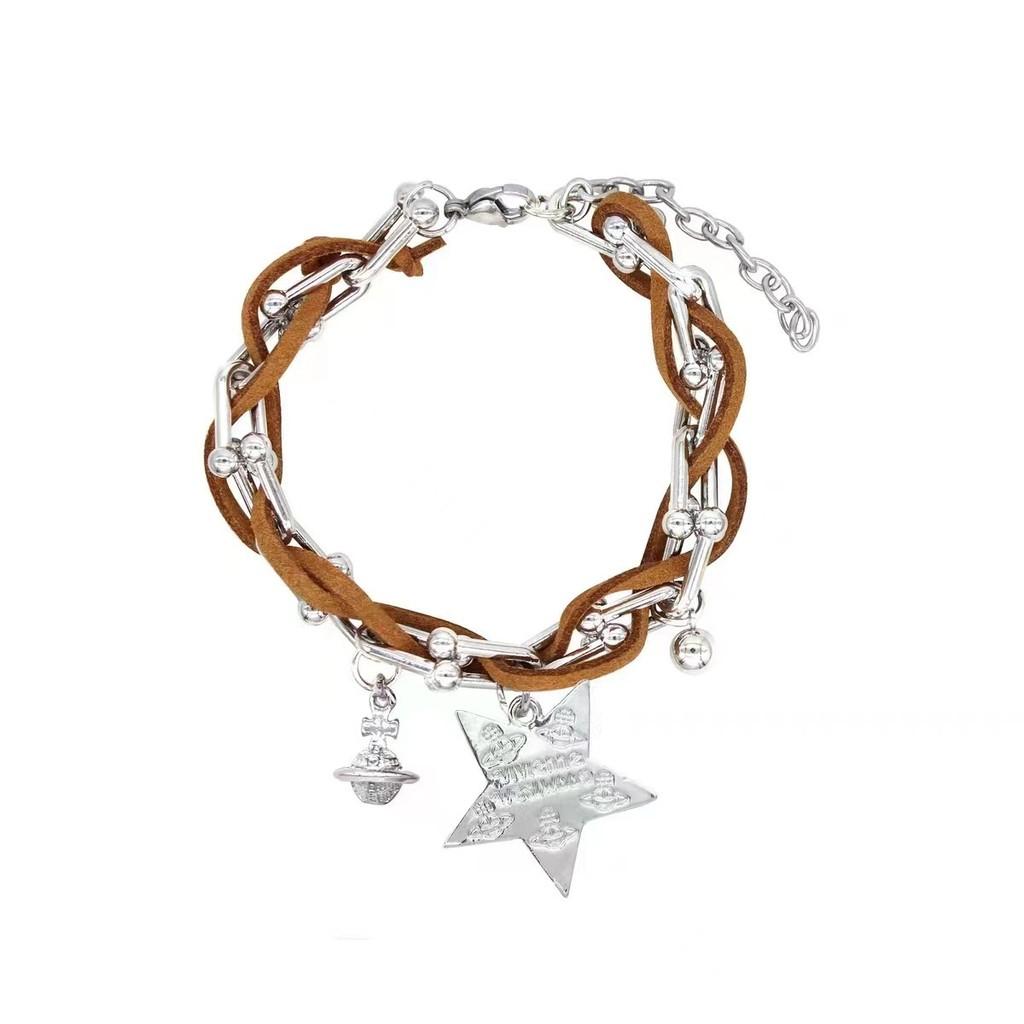 Leather Cool Brown Star Bracelet With Beads Trendy Style Winter 2023