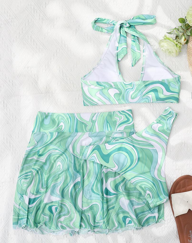 Women's Swimsuit Printed Sexy Halter High Waist Three-piece Bikini Set