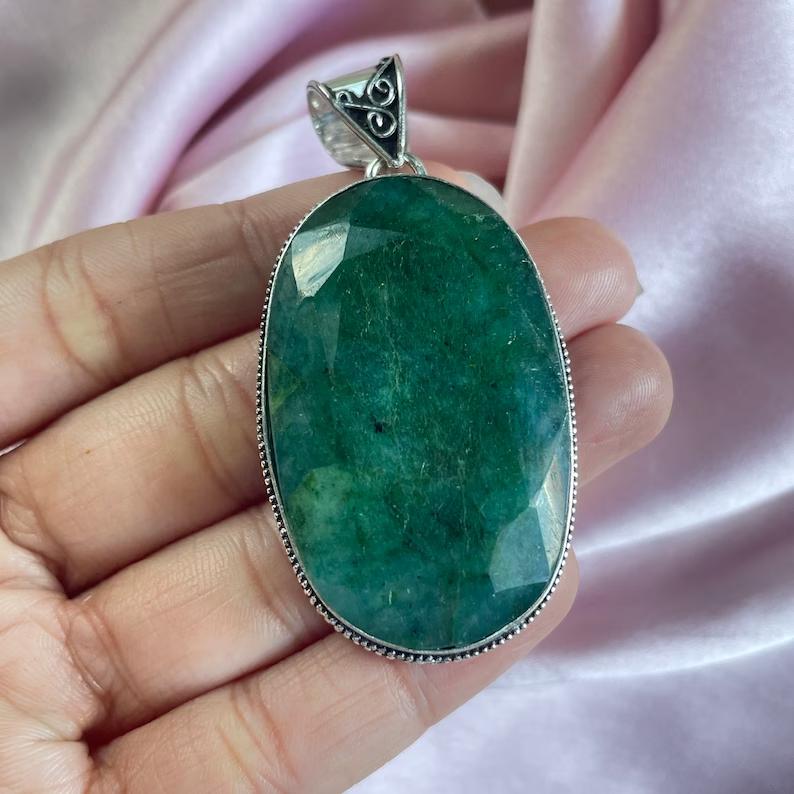 Smaragd Anhänger mit Silberkette Halskette 925 Sterling Silber Anhänger