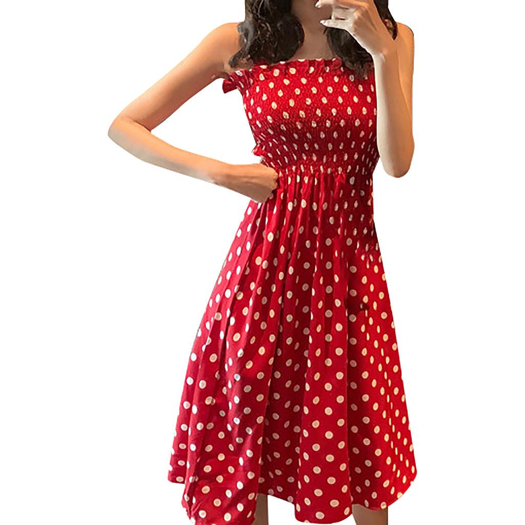 Fashion Women Loose None Sleeve Polka Dot Shoulder Plus Size Casual Dress