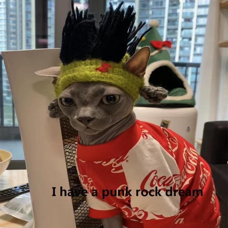 Punk Style Winter Cat Hat With Ear Holes Refined Knitted Easy To Wear Pet Hat for Sphynx Kitten Hairless Cats Devon Rex