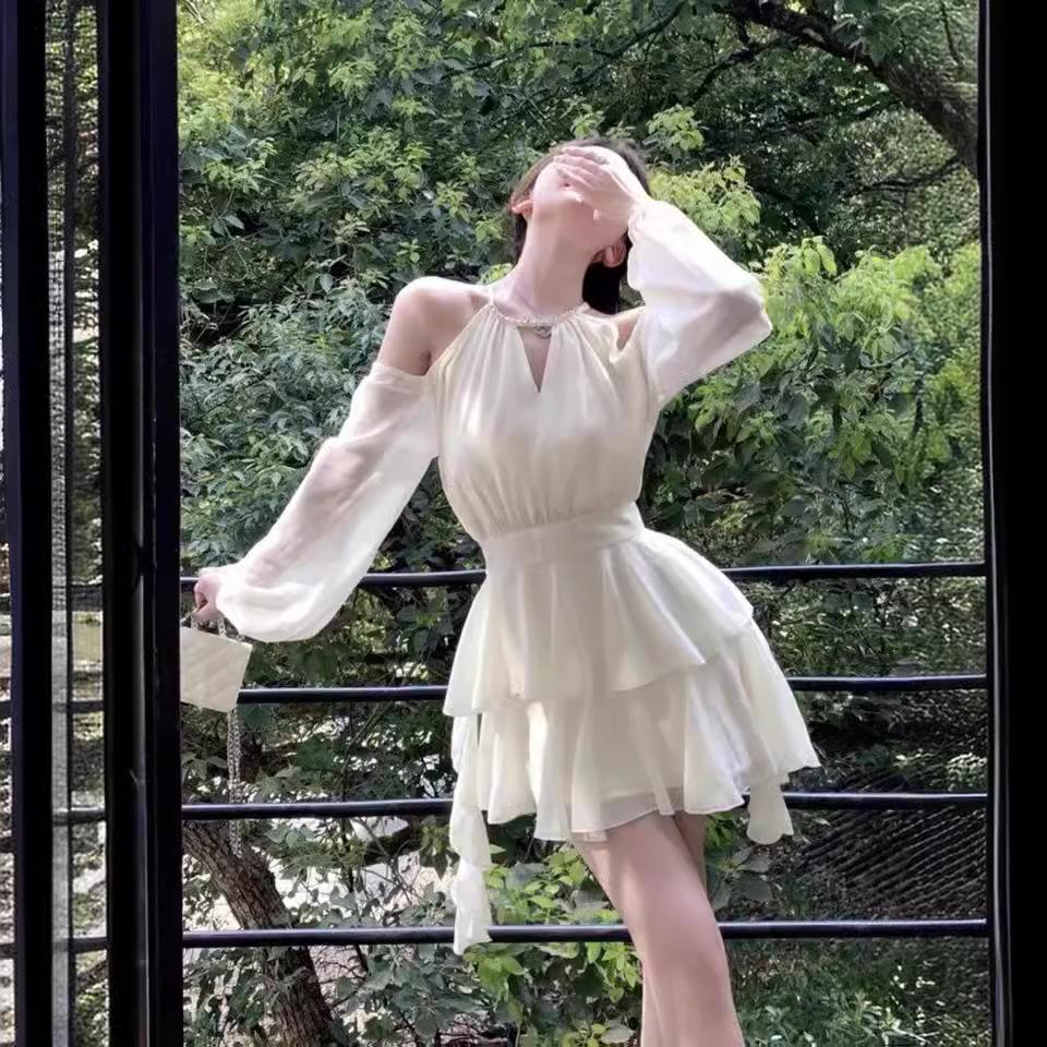 French temperament sexy off-the-shoulder neck ruffle edge waist chiffon dress women's summer new skirt