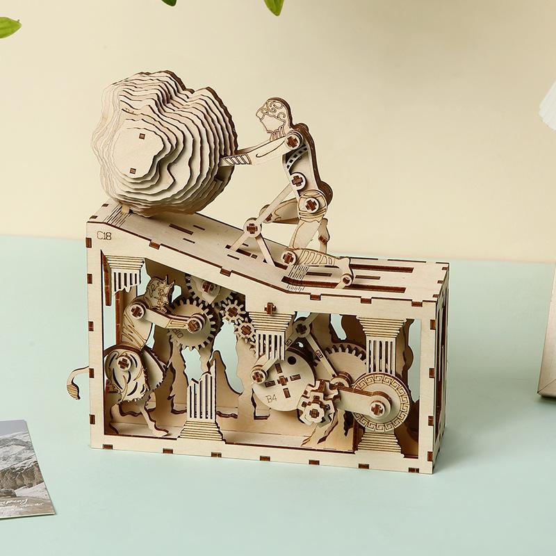 3D Wooden Puzzle Sisyphus Ancient Greek Mythological Stories Mechanical Gear Model Assembly Educational Toys Gift for Kids