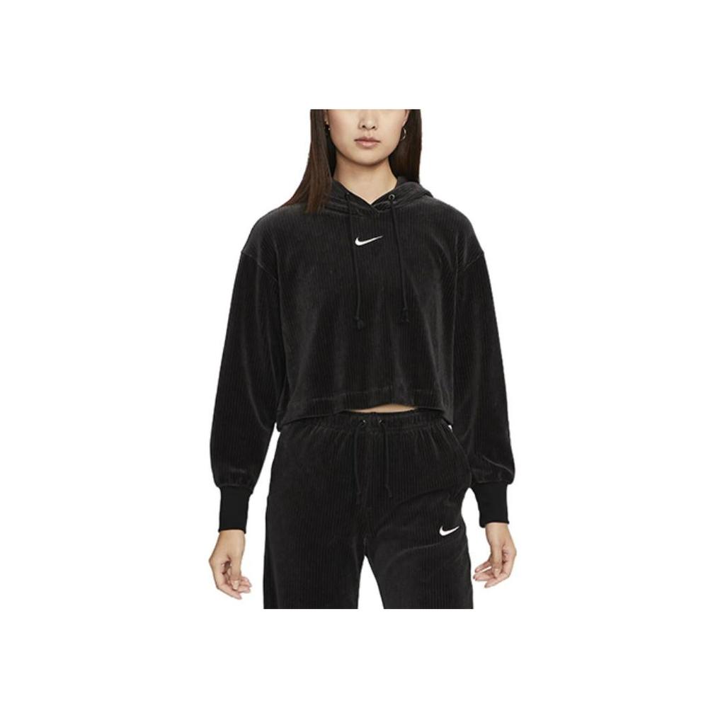 Nike Einfarbiger Logo-Print Cord-Hoodie Damen Oberteile Schwarz DQ5928-010