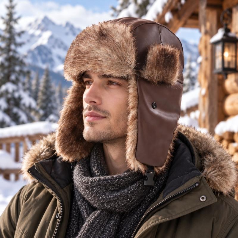 Dick gefütterte Trapper-Mütze mit PU-Außenschicht, strukturierter Zierleiste und Ohrenklappen für den Winter-Arbeitsweg und Reisen