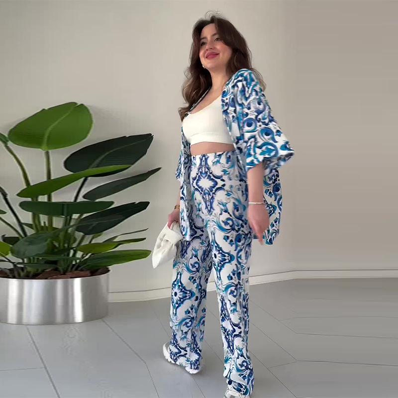 2024 Summer Casual Women's Fashion Print Loose Pants Set - European & American Style