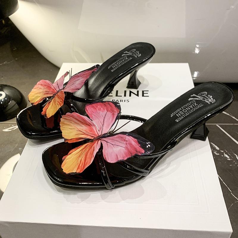 Fashion Women High Heel Slippers Fashion Peep Toetoe Women Fairy Wind Butterflys Quare Head Beach High Heel Cool Slipper Sandalias Mujer