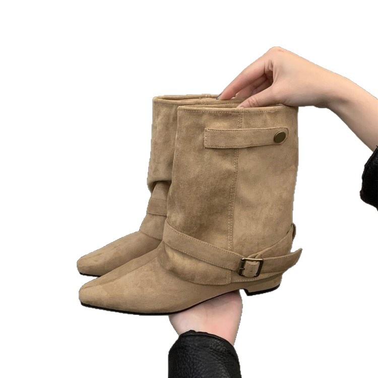 Skinny belt buckle short tube thick heel short boots Spice girl style pants tube pointed short boots women's boots locomotive new black