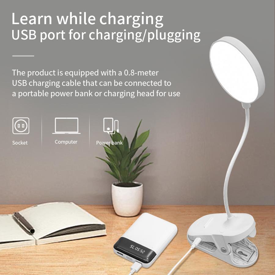 360° Rotating Rechargeable Reading Lamp Portable Clip Bedside Lamp Three Levels of Adjustable Soft Light for Eye Protection