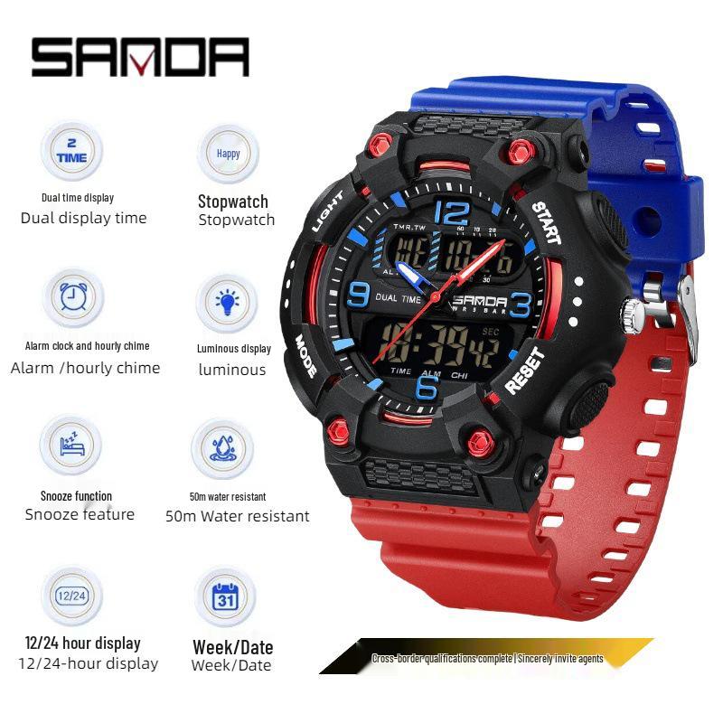 Orologio da polso sportivo multifunzione SANDA unisex con doppio display