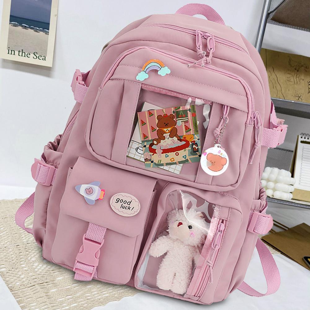 Fashion Student Kawaii Schoolbag Casual Cute Book Bags Nylon Rucksack with Plush Pendant Pin Large Capacity Japanese Backpack